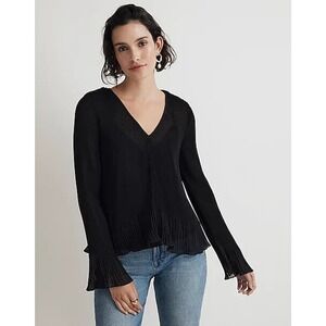 Madewell Top Womens Large Black Marcia Pleated Flare Sleeve Lined V Neck NN935